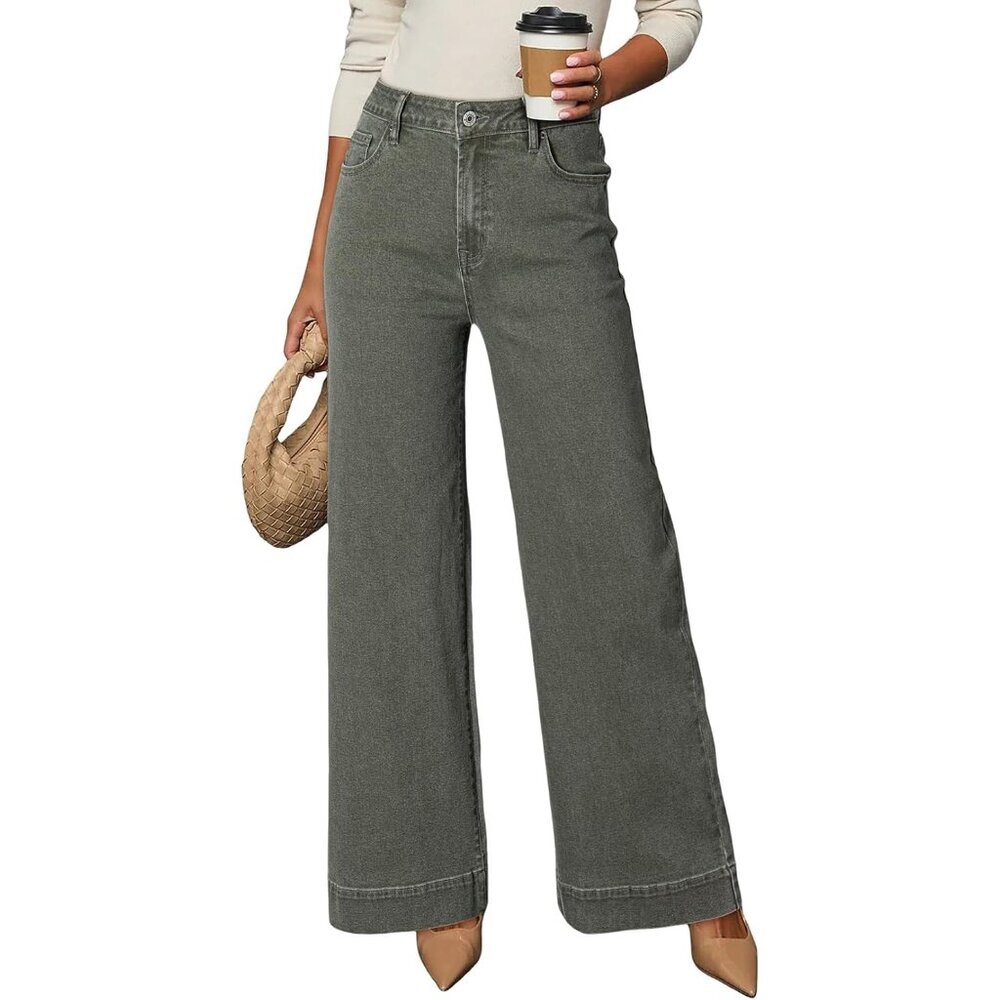 Women's Green Casual High Waisted Stretch Button Wide Leg Loose Denim Jeans
